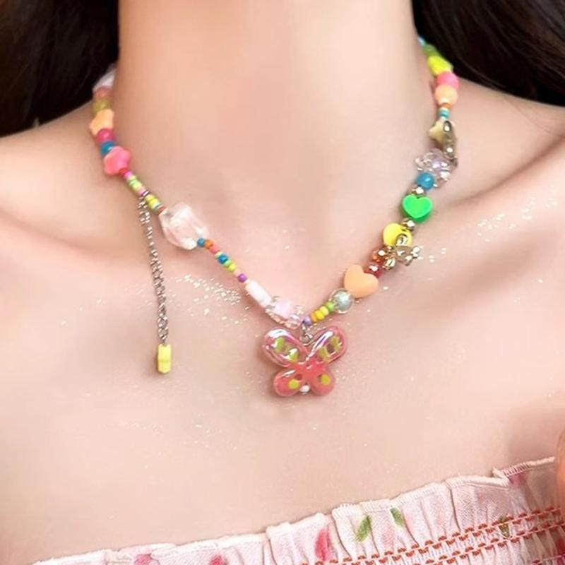 Dopamine Color Pearl Flower Necklace Women'S Summer Light Luxury Clavicle Chain Temperament Design Necklace