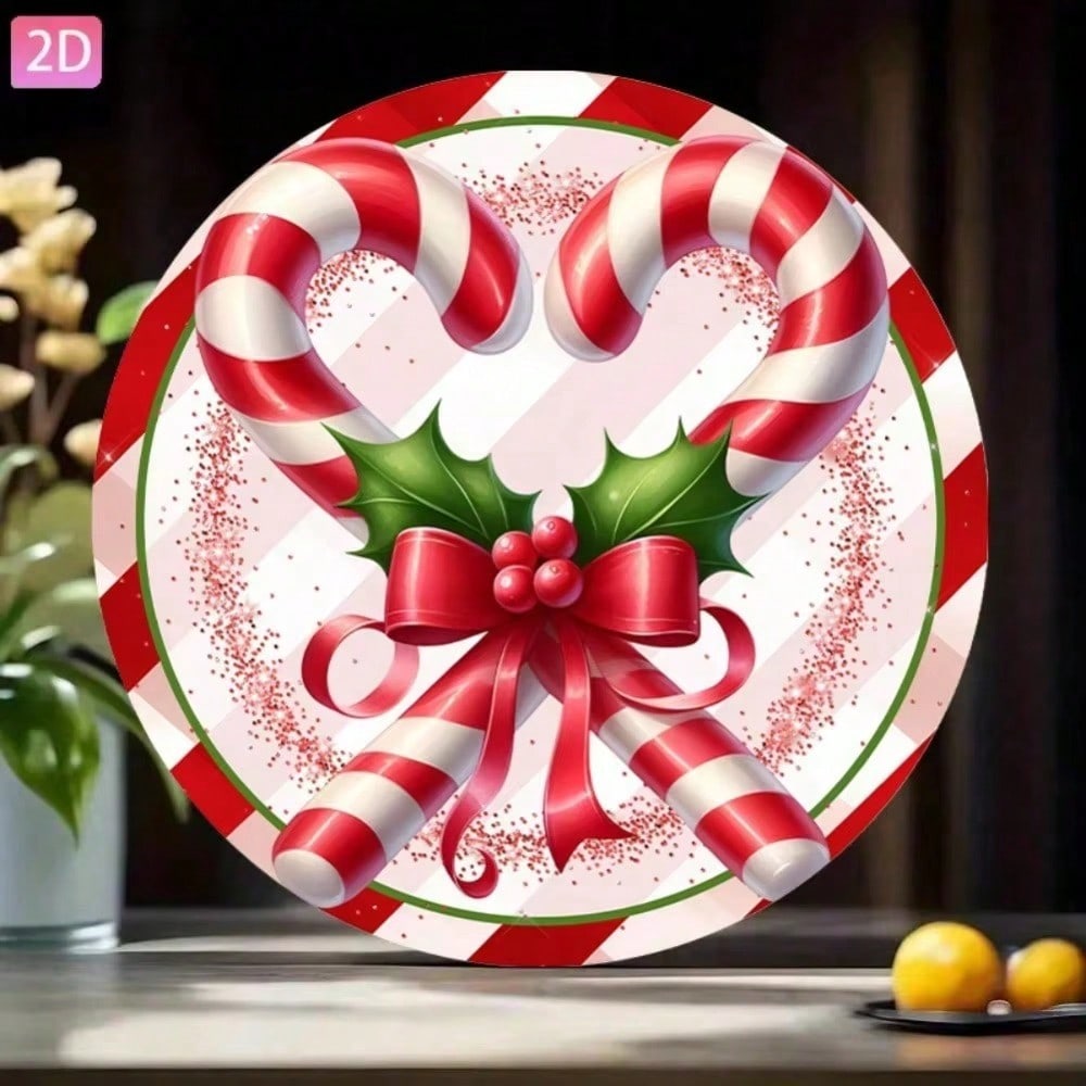 Vintage Christmas Candy Cane Wreath Metal Wall Sign 20x20 cm Retro Holiday Home Decor Xmas