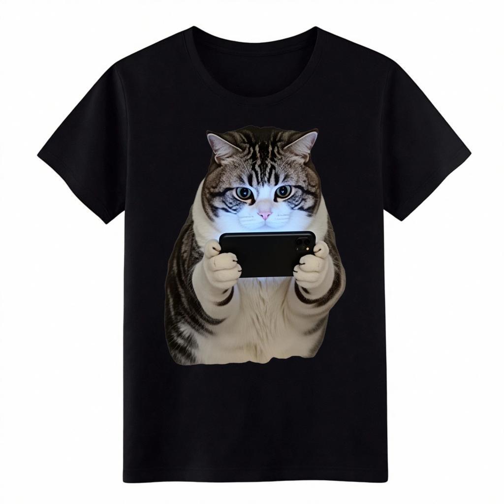 Maglietta Grafica Divertente Gatto Che Usa il Telefono|T-shirt Unisex per Amanti dei Gatti|NERO/BIANCO Spedizione Gratuita