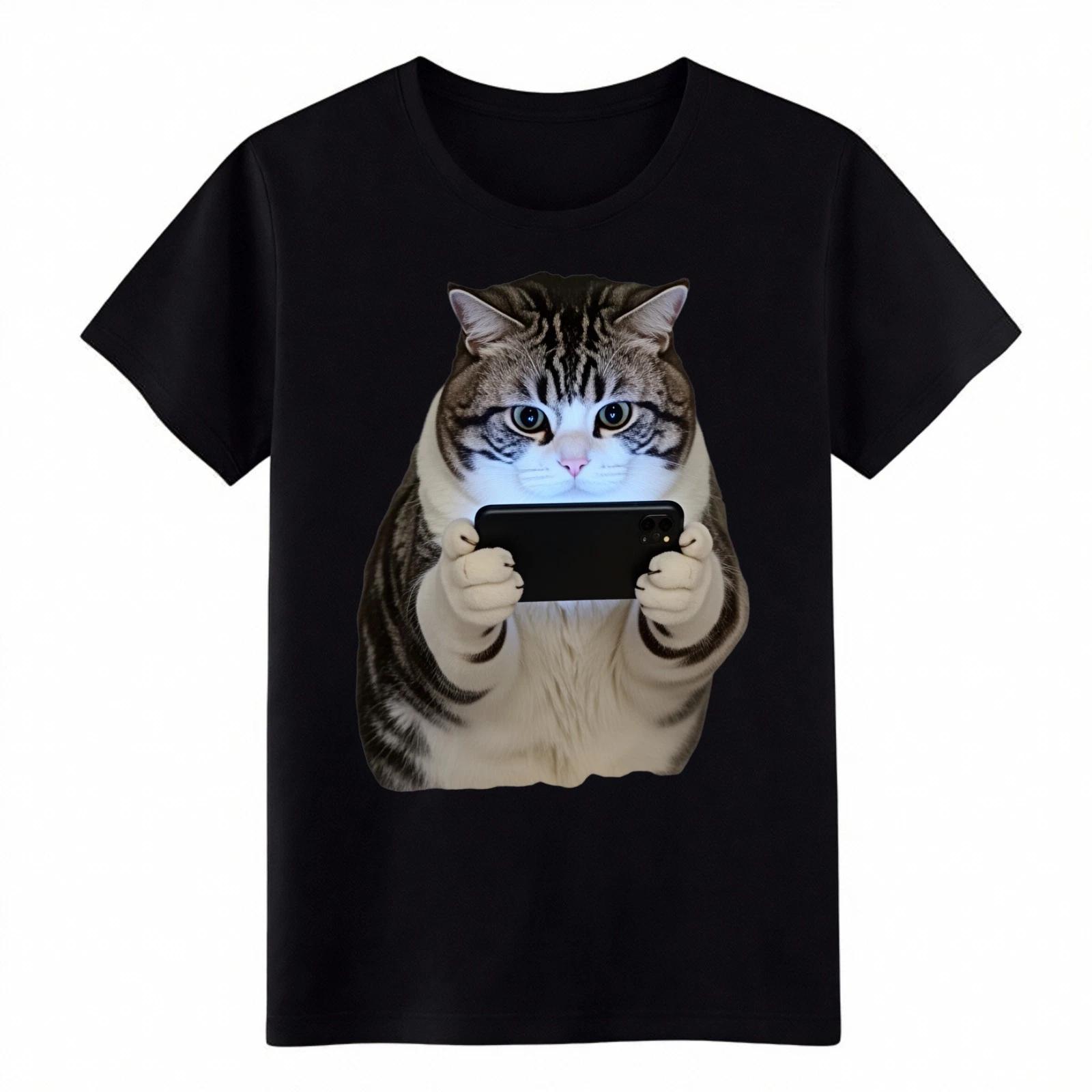 

Cat Using Phone Funny Graphic T-Shirt|Cat Lover Unisex Tee|BLK/WHT Free Shipping 2XL