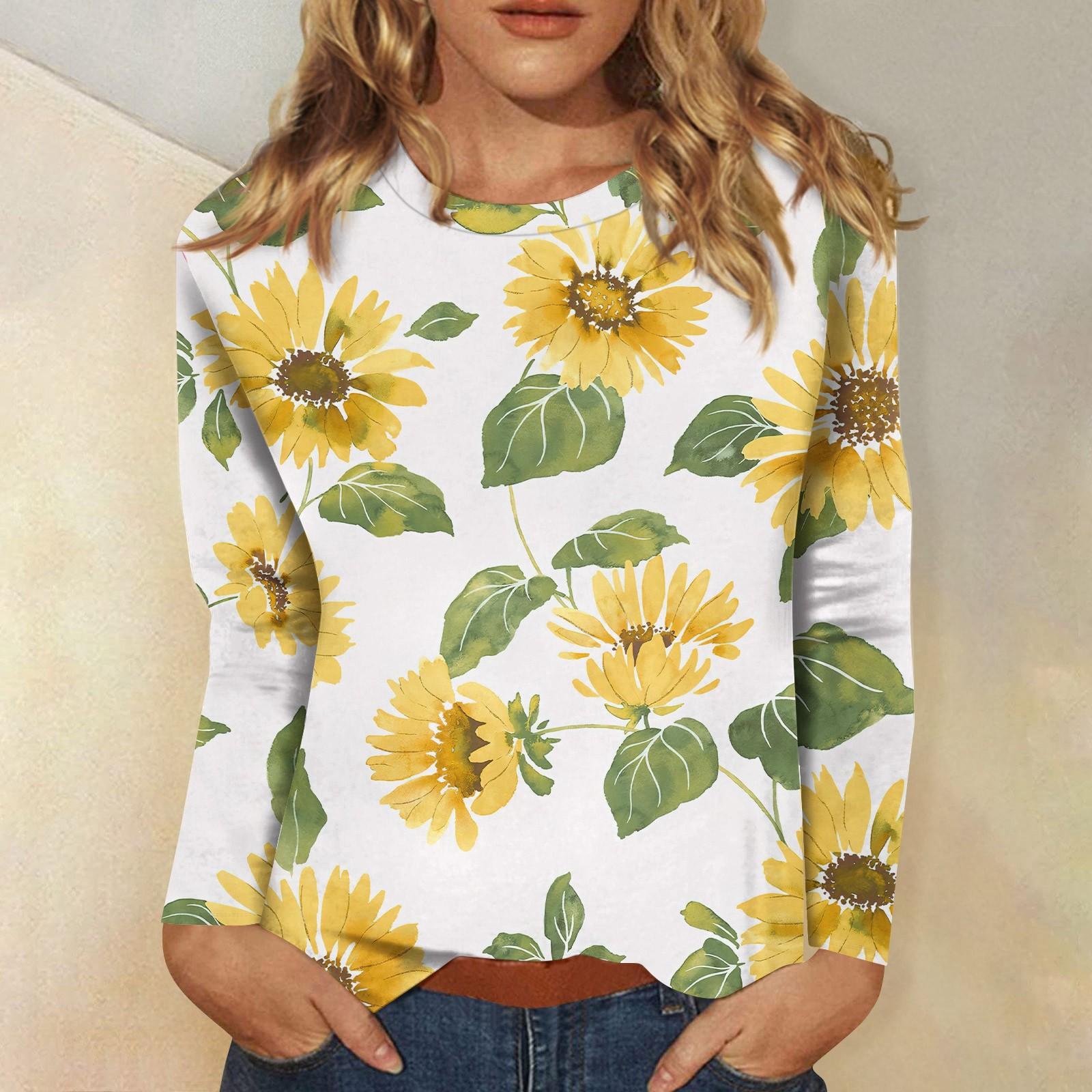 

Женская мода повседневный топ с длинным рукавом с цветочным принтом и круглым вырезом