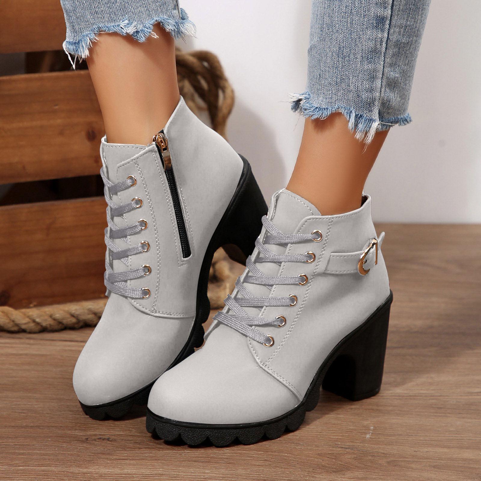 

Women s Shoes Chunky High Heels Boots Leather Boots Fashionable Chunky Heels Women s Boots Breathable Round Boots Women Zipper 37 сірий