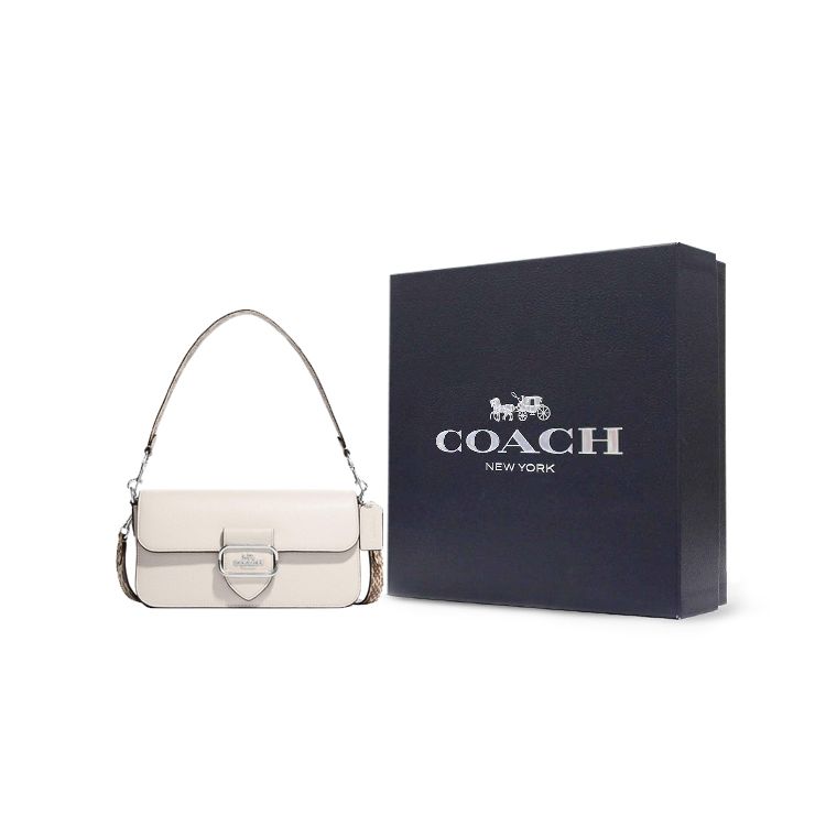 Coach Morgan 27 Snap Closure Pebble Leather And Snake Print Leather Tote Crossbody Shoulder Bag Large Women bags Chalk-White CE561-SVCAH