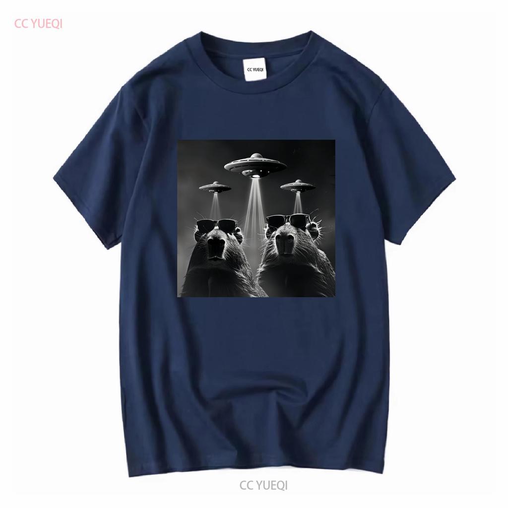 Capybara T Shirt Retro Selfie with UFO Funny Alien Plus Size 5xl 4xl 3xl Long or Short Sleeves Vintage Washed Stylish