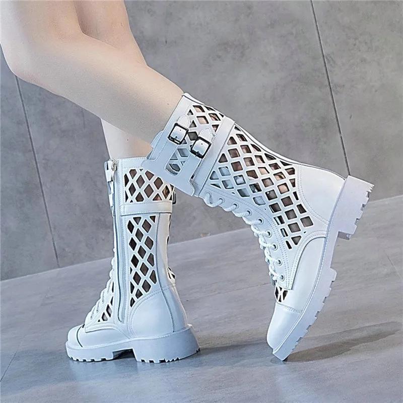 Women's Summer Knee High Boots Hollow Out Sexy Round Toe Cowhide Leather Square Heel Woman Back Zipper Booties Shoes