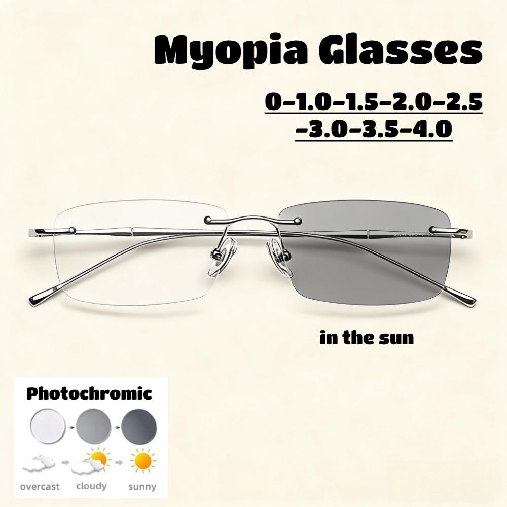 Fashion Square Rimless Photochromic Myopia Glasses Ultra-light Myopia Color Changing Anti-Blue Light Glasses for Men and Women