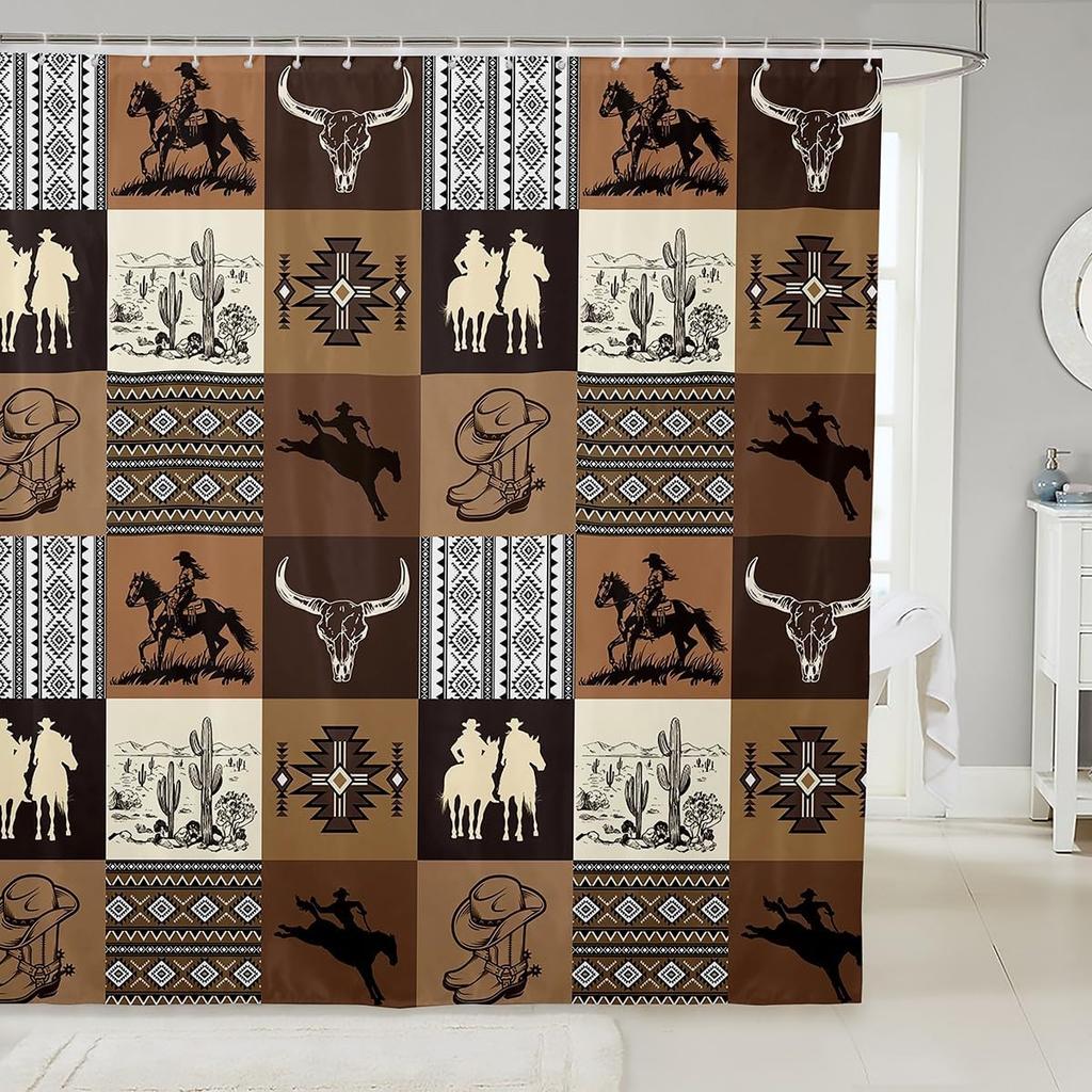 Southwest Shower Curtain, Geometric Aztec Tribal Pattern Bathroom Curtain Vintage Striped Western Waterproof for Kids Girls