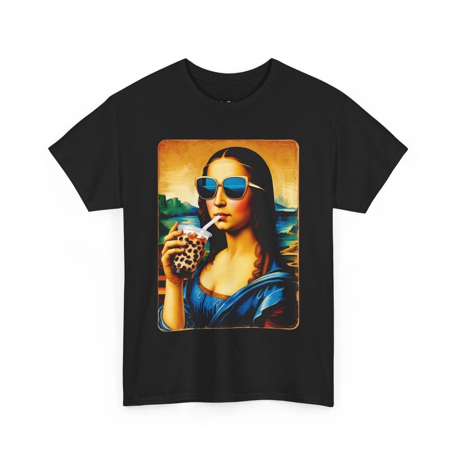 Mona Lisa Sunglasses Tee, Boba Coffee Shirt, Artistic Graphic T-shirt, Cultural S