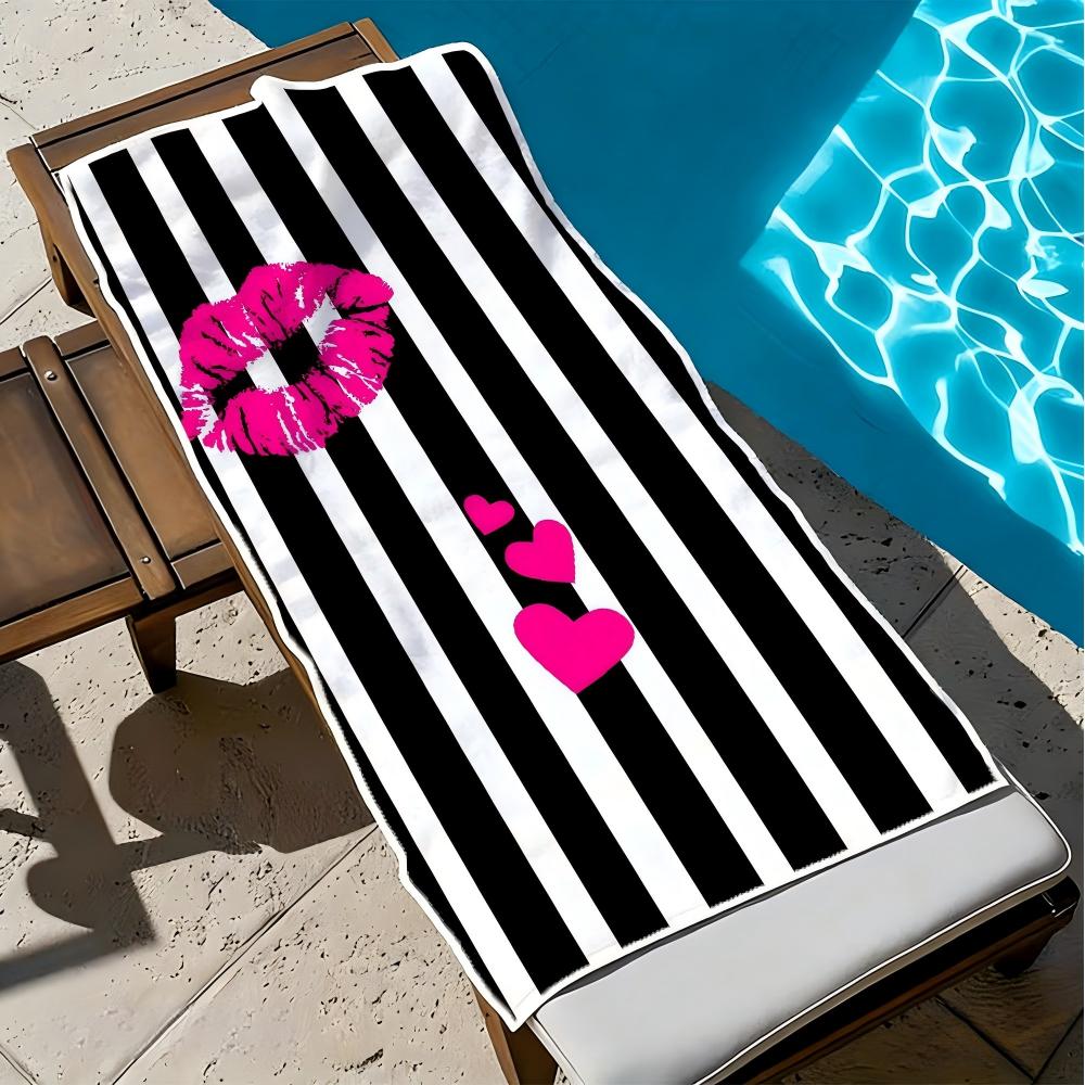 1pc Beach Towel, Soft Lightweight Black White Striped with Pink Lips, Sand-Free, Ideal for Travel, Picnic, Camping, Swimming