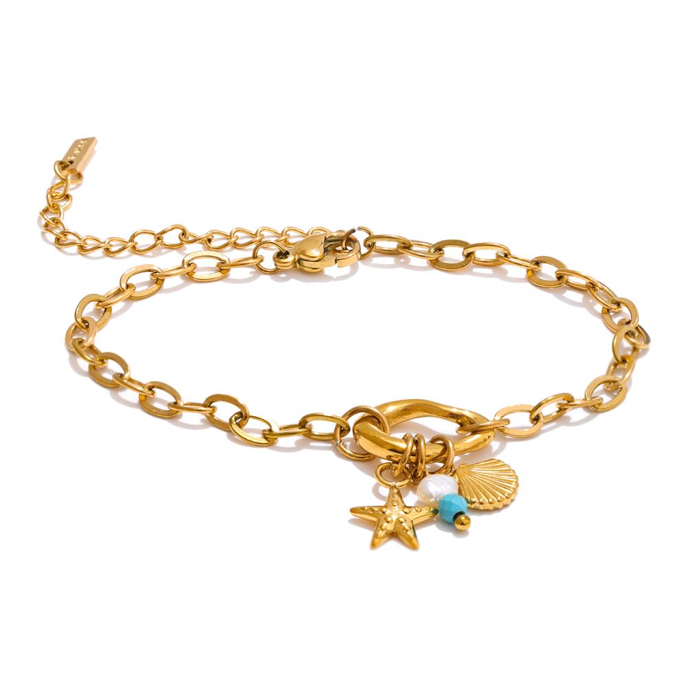 

Yhpup Ocean Style Golden Stainless Steel Chain Bracelet Bangle Drop Pearl Turquoise Stone Star Shell 18K Plated Jewelry