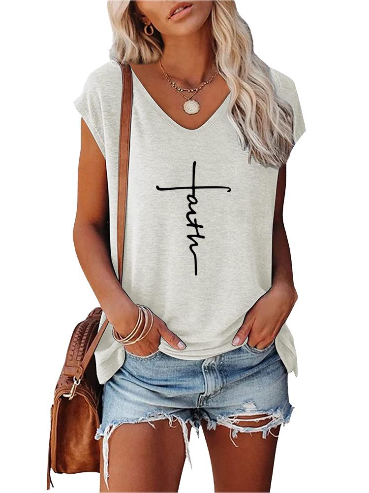Women Print T-shirt Summer Fashion V Neck Short Sleeve Top Ladies Casual Tee Shirt