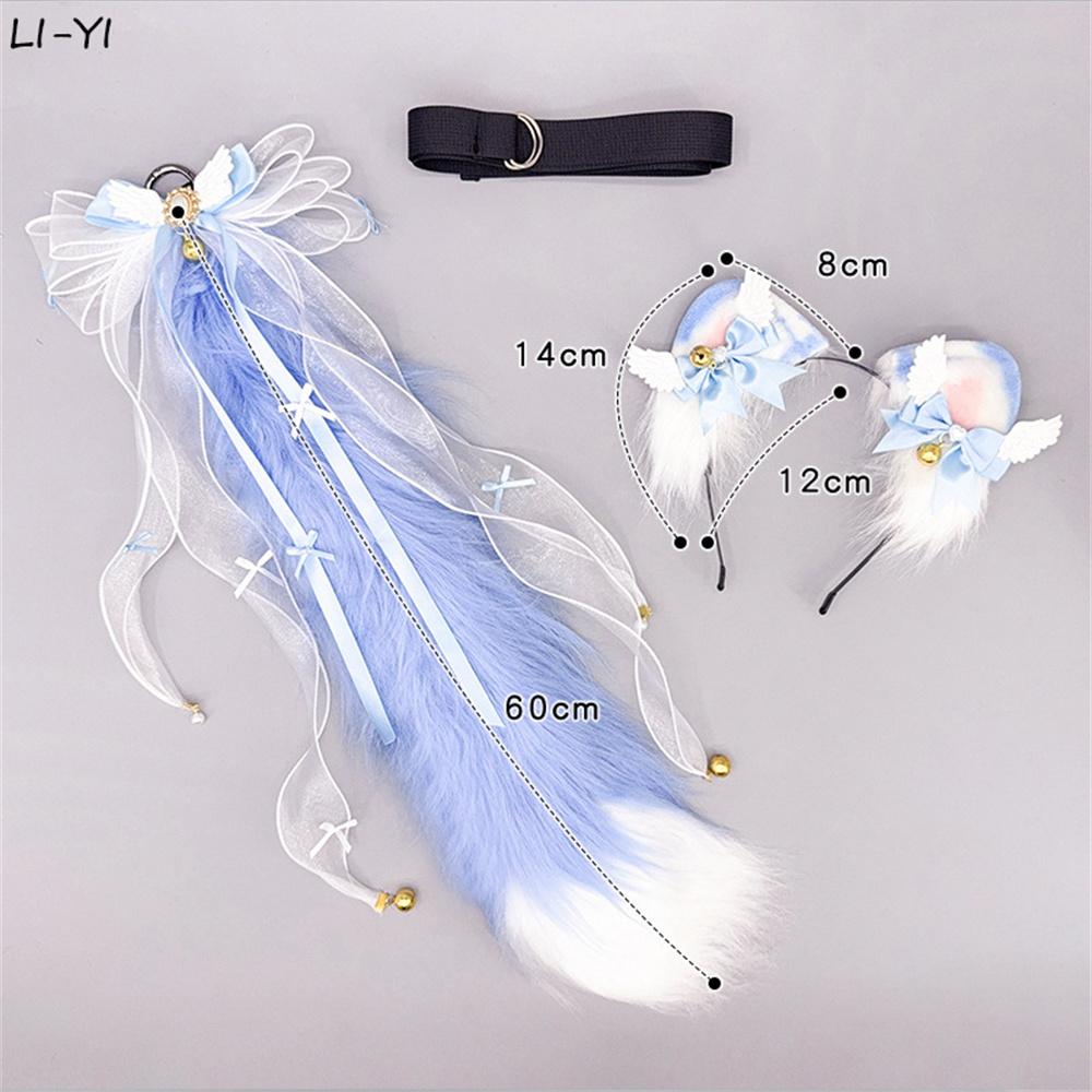 2Pcs/Set Lolita Cat Ear Headband Plush Tail Fox Tail Cosplay Accessories Hand-Made Fluffy Animal Ears Fox Ear Bow Ribbon Tail