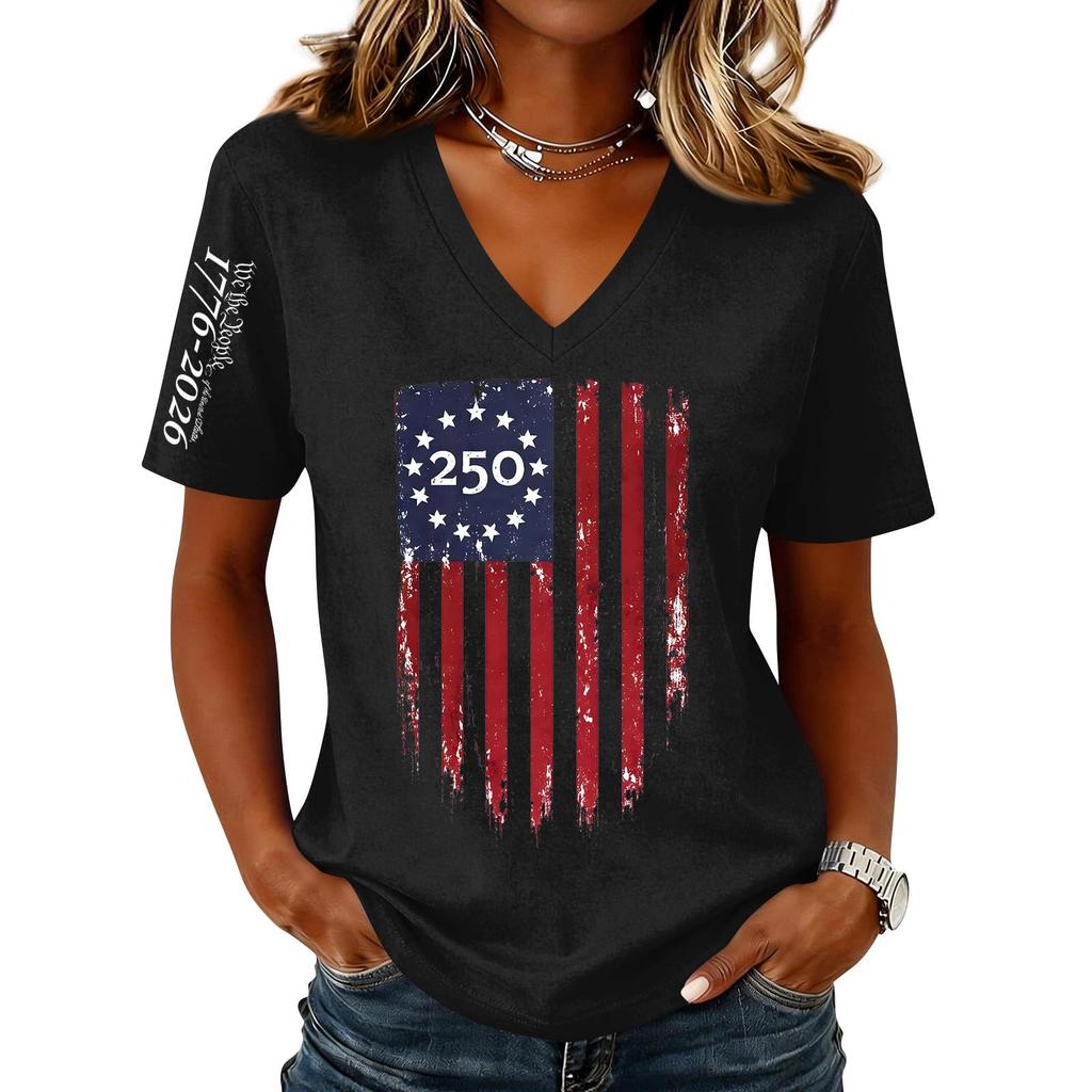 Women’s Casual V Neck Short Sleeve Pullover Top with 250th Anniversary Printed Graphic Lightweight Loose Fit T Shirt