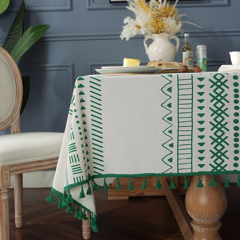 Bohemian Milk White Canvas Geometric Multicolor Printed Rectangular Dining Table Cloth Tassel Tablecloth Birthday Table Decor