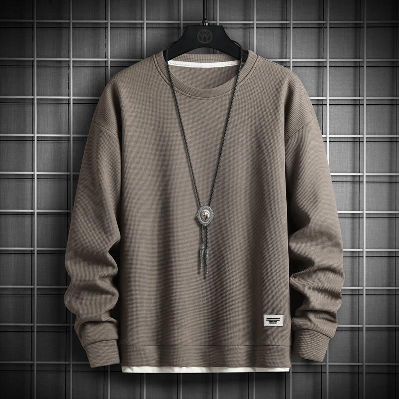 Erkek Trend Waffle Sahte İki Parça Sweatshirt Sonbahar Yeni Genç Gevşek Yuvarlak Yaka Uzun Kollu Tişört Erkek İçin