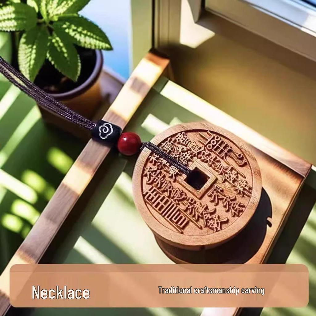 Natural Lightning-Struck Peach Wood Ghost Coin Pendant Necklace with Bagua Charm for Safety