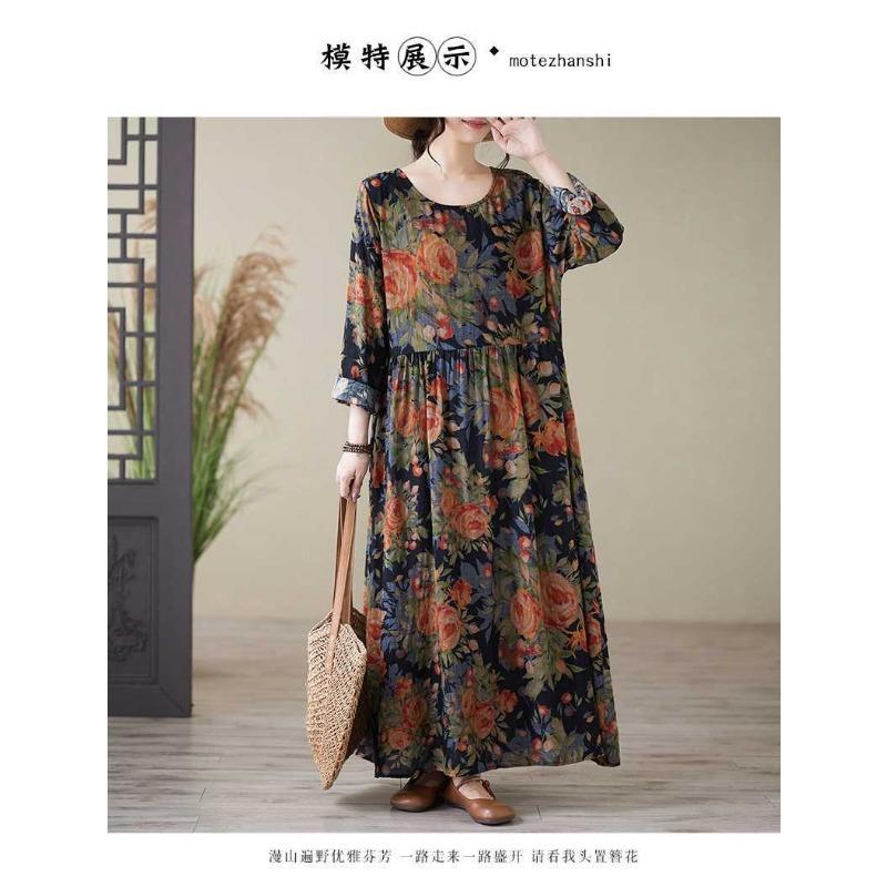 Printed Round Neck Loose Plus Size Long Sleeve Dresses for Women