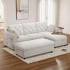 Modernes Samtsofa mit Chaiselongue und Hocker, beide mit Stauraum, Chaiselongue wahlweise links/rechts montierbar. beige. 219 × 131 × 86 cm