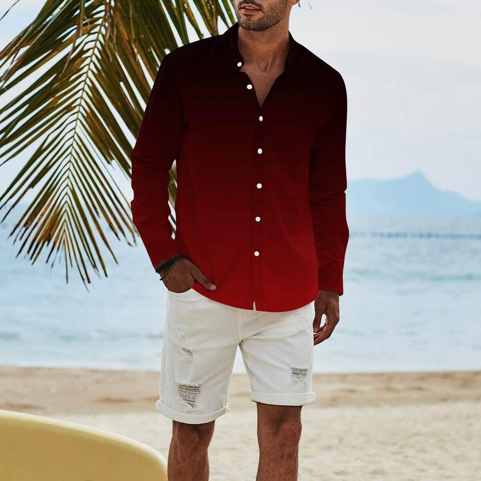 

Чоловіча мода Футболка з довгим рукавом з принтом, повсякденна, на ґудзиках, звичайної посадки, топ XL винний