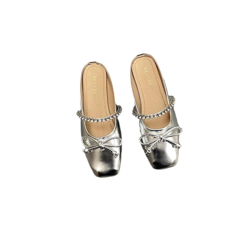 Flat bottom silver rhinestone bag head half slippers women's outer wear 2025 new spring and summer bow gentle evening wind single shoes
