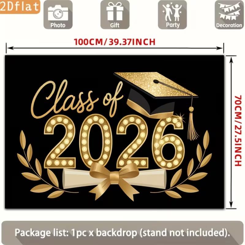 2D Class of 2026 Graduation Photography Backdrop Black Gold Cap, Diploma and Laurel Party Background