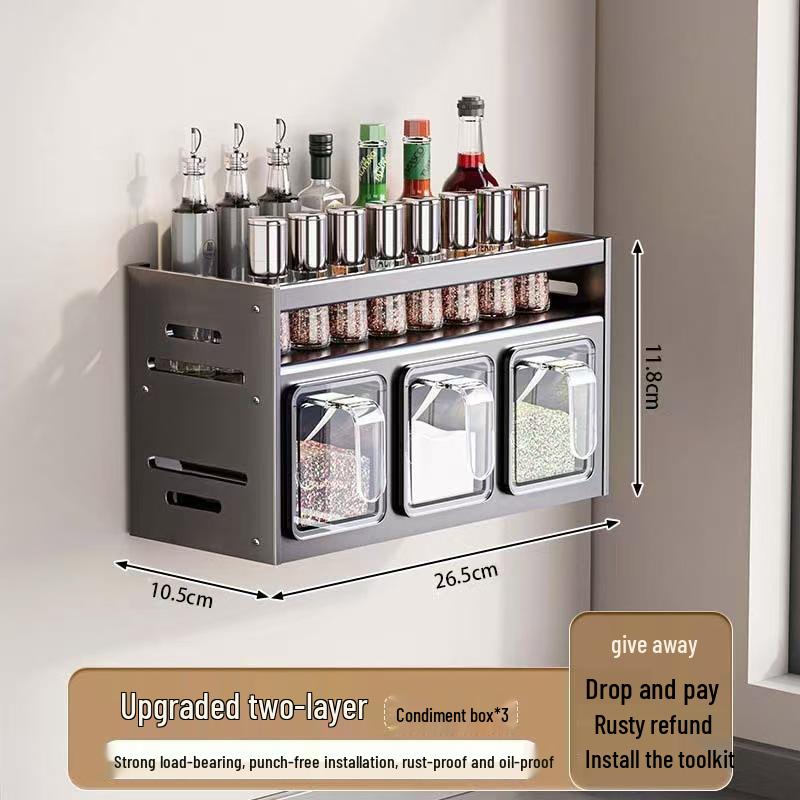 

Настінна кухонна полиця для спецій: Багатофункціональний набір для зберігання приправ та пляшок без свердління