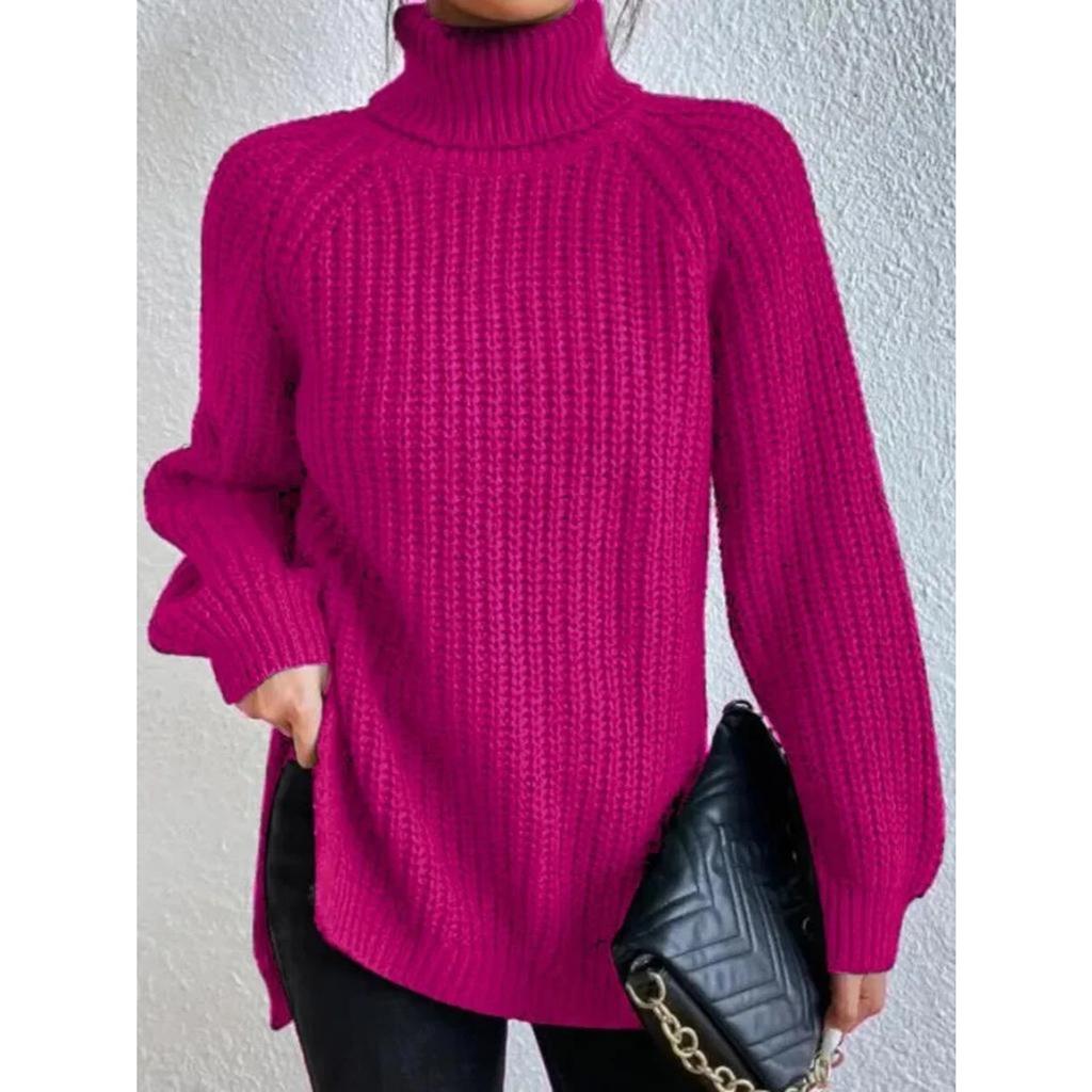 Autumn Winter Soft Knit Fashion Raglan Long Sleeve Turtleneck Split Sweater Casual Warm Solid Color Medium Length Pullover