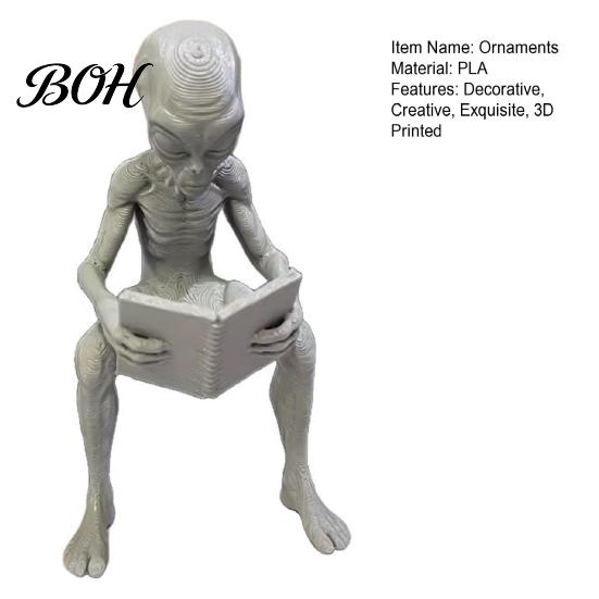 Fine 3D Printing Art Printed Reading Alien Ornament, Creative Sitting Office Monitor Decoration Sculpture, Resin Collectible Figures Desktop