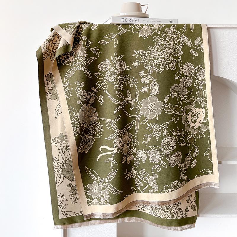 

Flower And Plant Texture Double-Sided Scarf, Winter High-End Warm Shawl, Outer Cover For Women 185cm зелёный