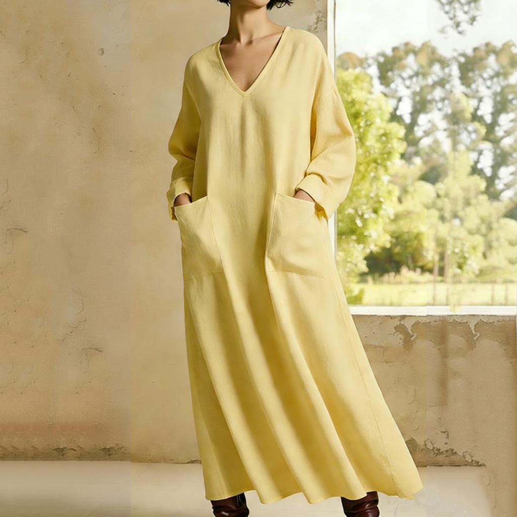 Women's Fashionable Loose-Fit -Color V-Neck Pocket Long-Sleeve Cotton-Linen Blend Dress