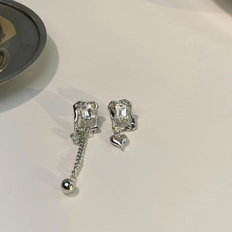 Square Diamond White Diamond Asymmetrical Tassel Round Ball Love Pendant Earrings Cold Wind European and American Ear Accessories