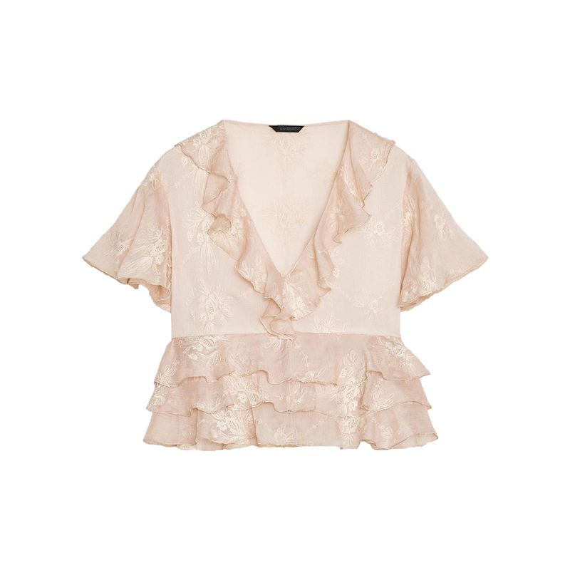 Zaprha 2025 New Arrival French Age-Reducing Laminated Decoration V Neck Short Sleeve Embroider Tops Shirt for Women 3105872