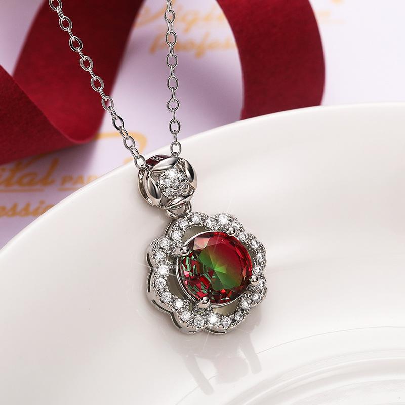 Silver Plated Colorful Round CZ Halo Pendant Necklace, Floral Frame Moving Stone Cable Chain Necklace for Women