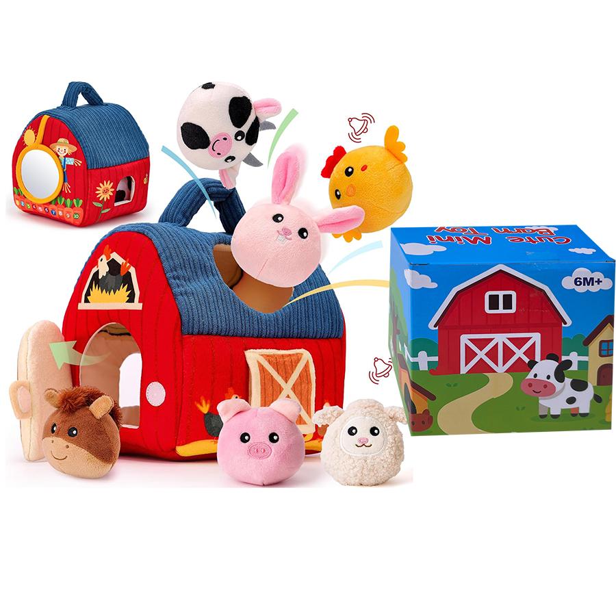 Baby Toys 6-12 Months, Barn Toys with Stuffed Farm Animals for Toddlers 1-3 Baby Plush Beehive wtih Rattles Squeaker Mirror