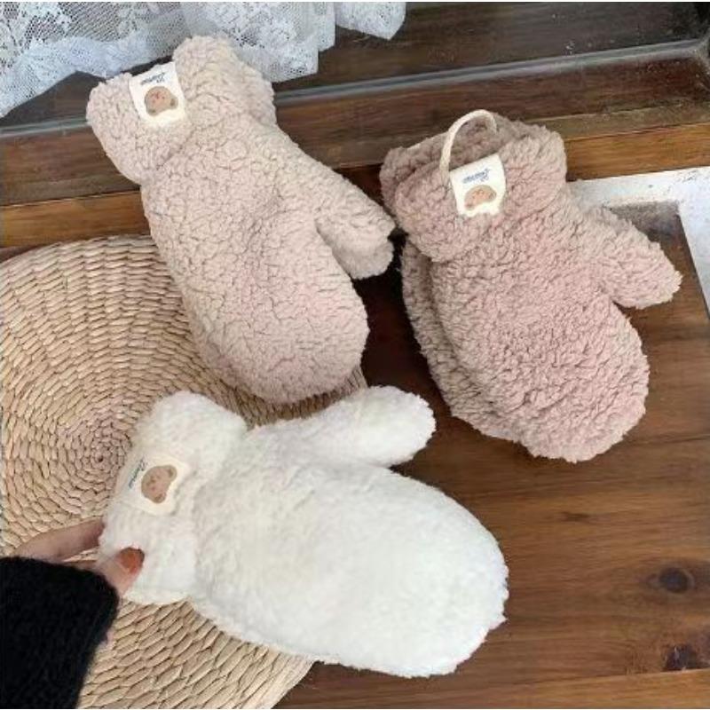 Winter Lamb Wool Bear Mittens Female Neck Cute Student Fleece Thickened Warm and Cold