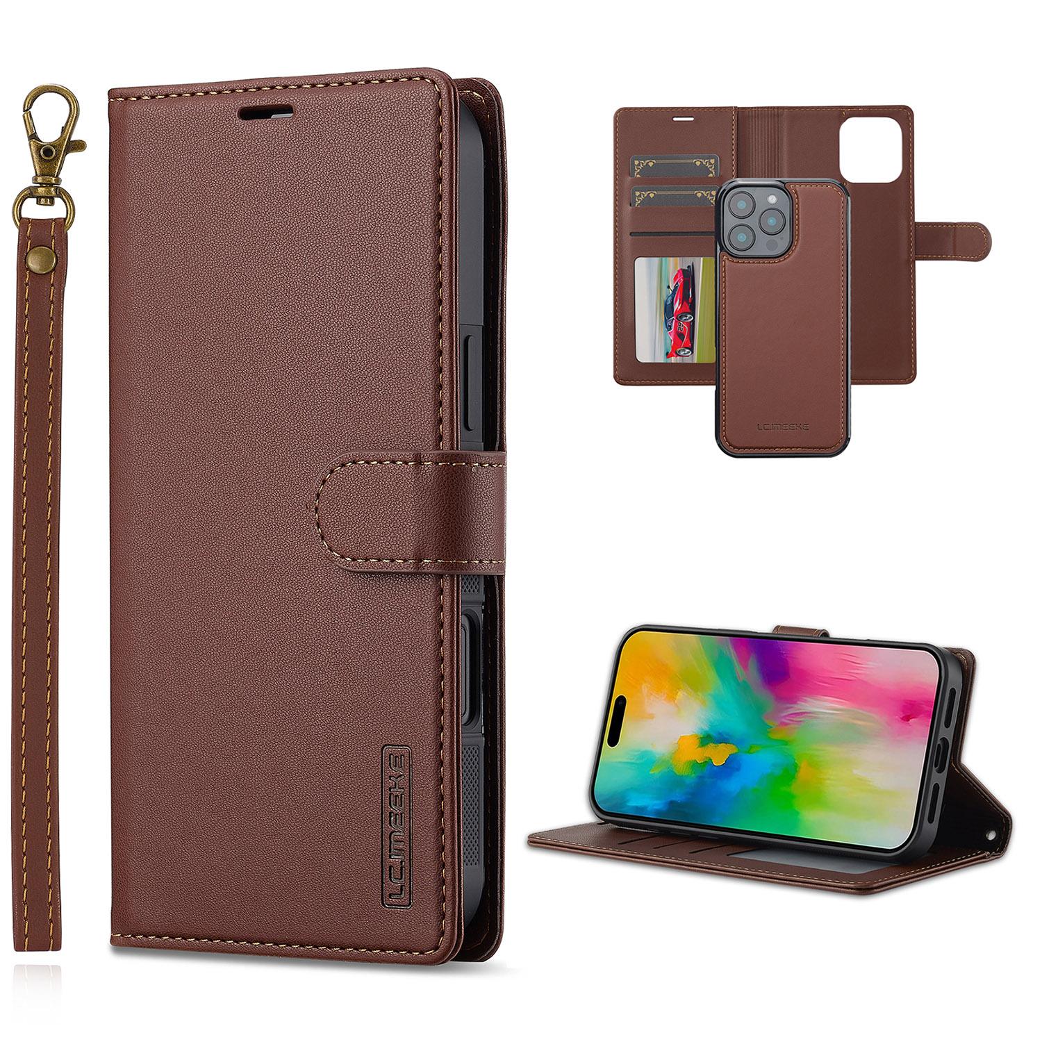 

LC.IMEEKE L2 Series for iPhone 16 Pro Case PU Leather Wallet Detachable Magnetic Phone Cover Brown