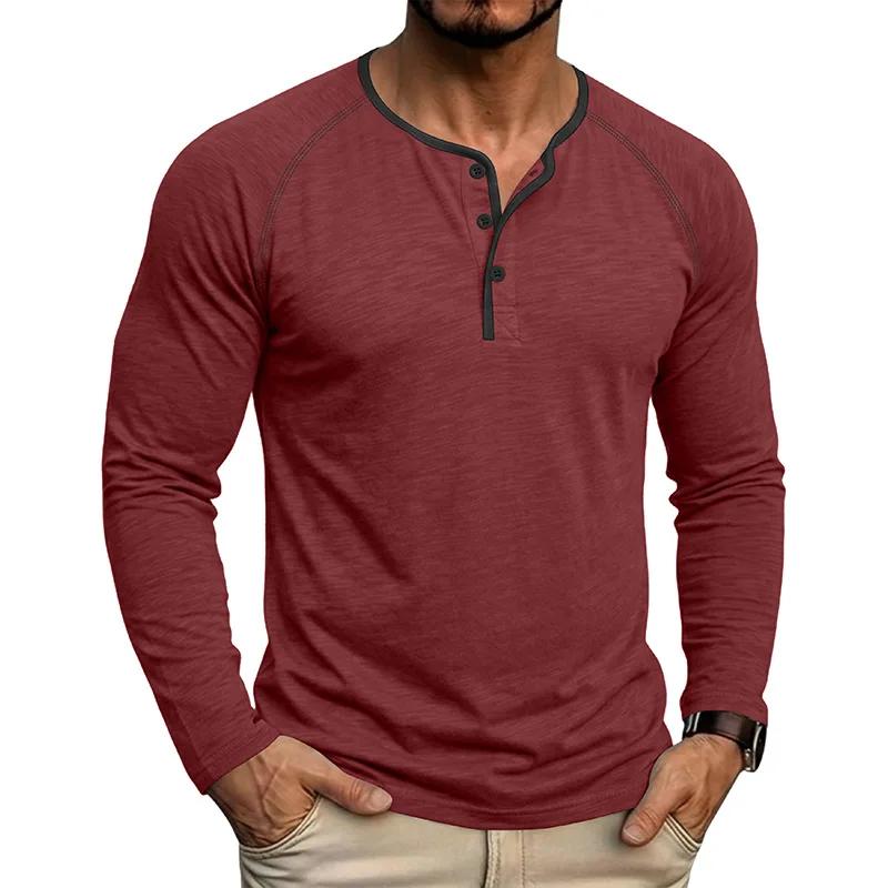 Spring Autumn Men's Cotton Henry Collar T-Shirts American Style Fashion Smart Casual Tees Tops Men Patchwork Breathable Tshirt