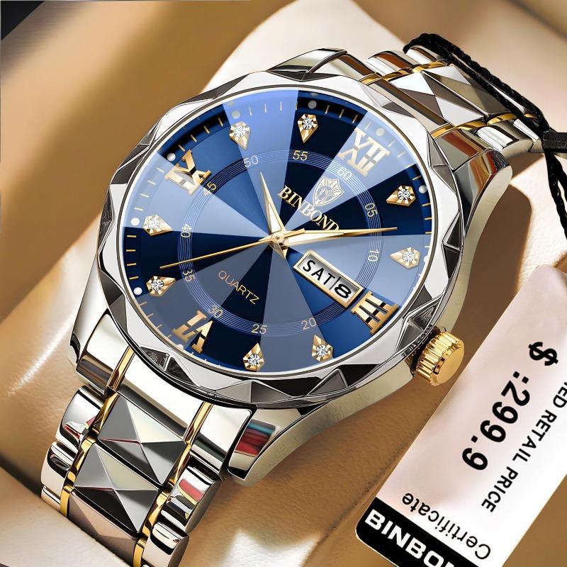 Herrenuhr Wasserdicht Leuchtende Uhr Rhombus Spitze Glas Doppelkalender Trend Freizeit Uhr Herren