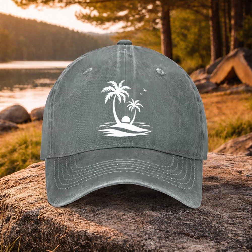 Coconut Tree Island Print Washed Baseball Cap Unisex Duckbill Cap for Golf Casual Outdoor Daily Wear