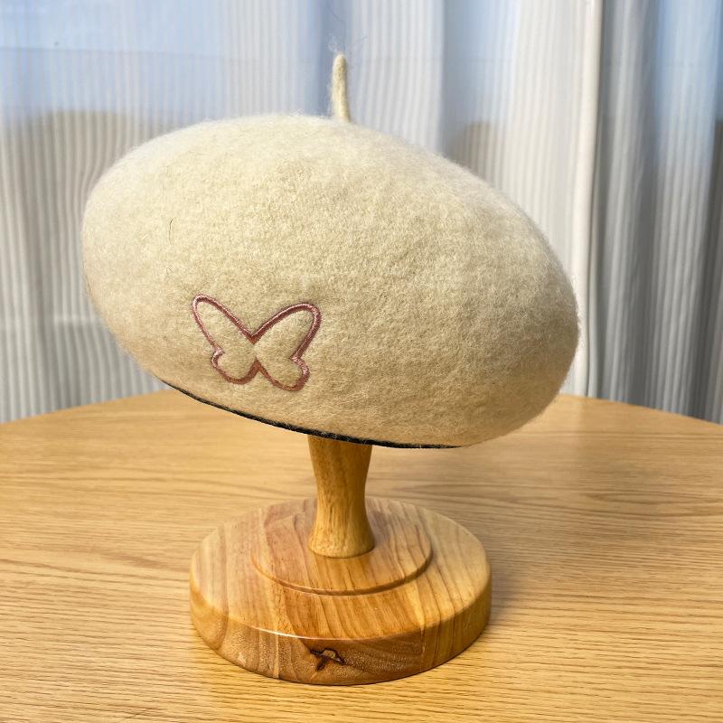 Autumn and Winter Cute Bow Embroidered Woolen Beret Simple and Versatile Japanese Style Sweet Style Painter Hat