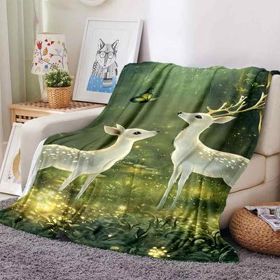 1pc Deer Butterfly Blanket Lightweight Flannel Throw for Sofa Bed Travel Camping Livingroom Office Couch Chair