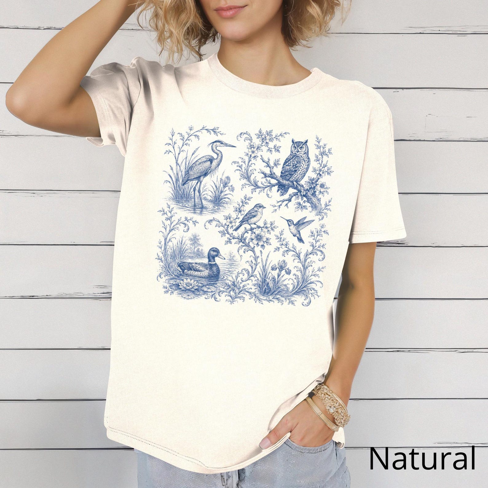 Blue Bird Shirt, Heron Owl Tee, Birdwatching T shirt, Toile Bird Shirt, Nature Lover Tee M
