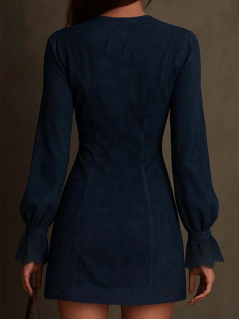 In-Stock 2025 Long-Sleeve Lace-Trimmed Slim Fit Midi Dress for Women