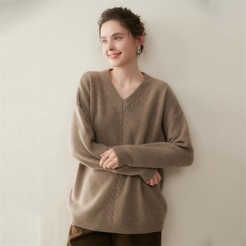 Women's V-Neck Cashmere Blend Pullover: Cozy Cable Knit Sweater for Autumn/Winter