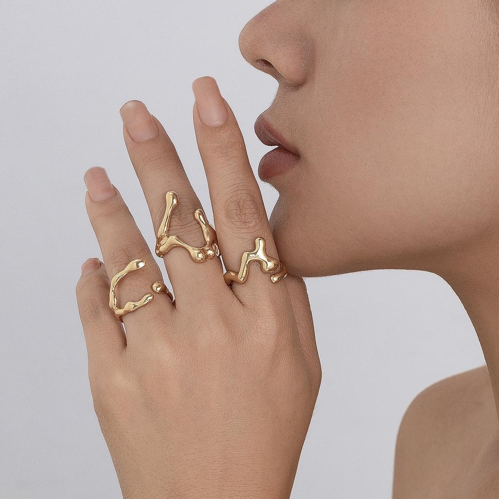 SHIXIN 3Pcs Design Irregular Lines Geometry Open Ring Set for Women Punk Gold Color Hollow Out Curved Ring Party Wedding Jewelry
