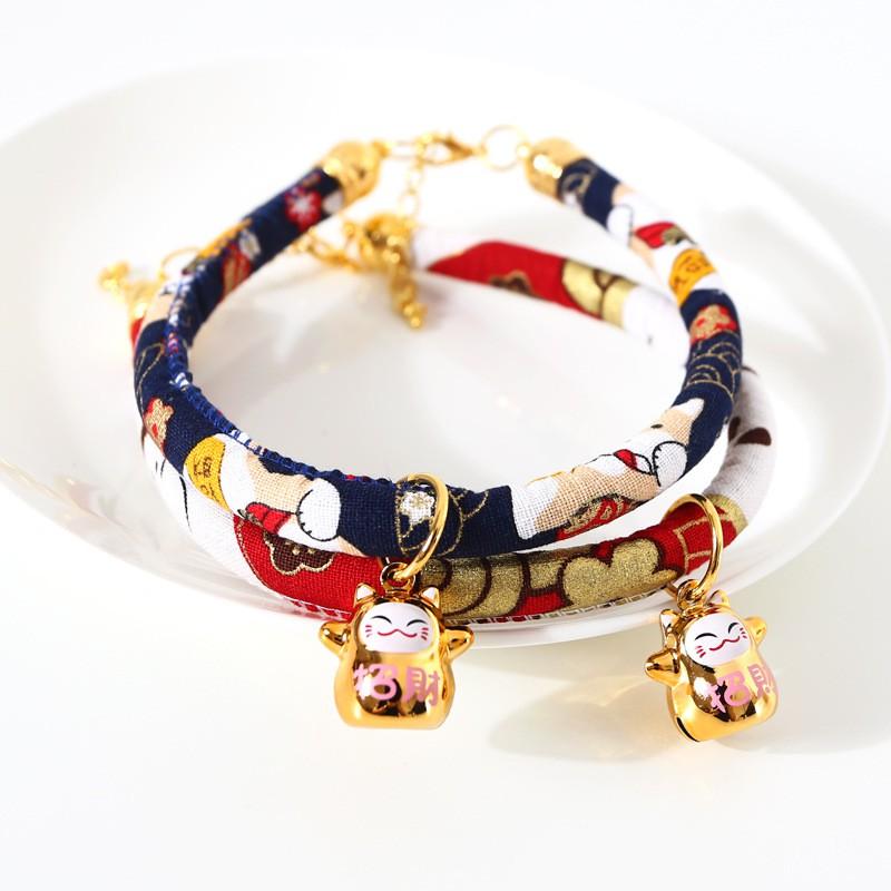 Adjustable Pet Collar With Japanese Floral Shiba Inu Maneki-neko Charm Copper Bell Cats Dogs