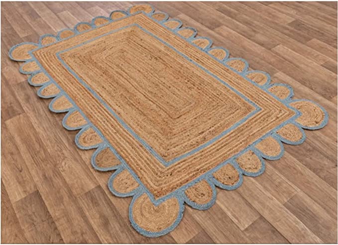 

Джутовые коврики с синей каймой, прямоугольный джутовый коврик ручной работы с гребешком в стиле бохо 150cm x 240cm естественный