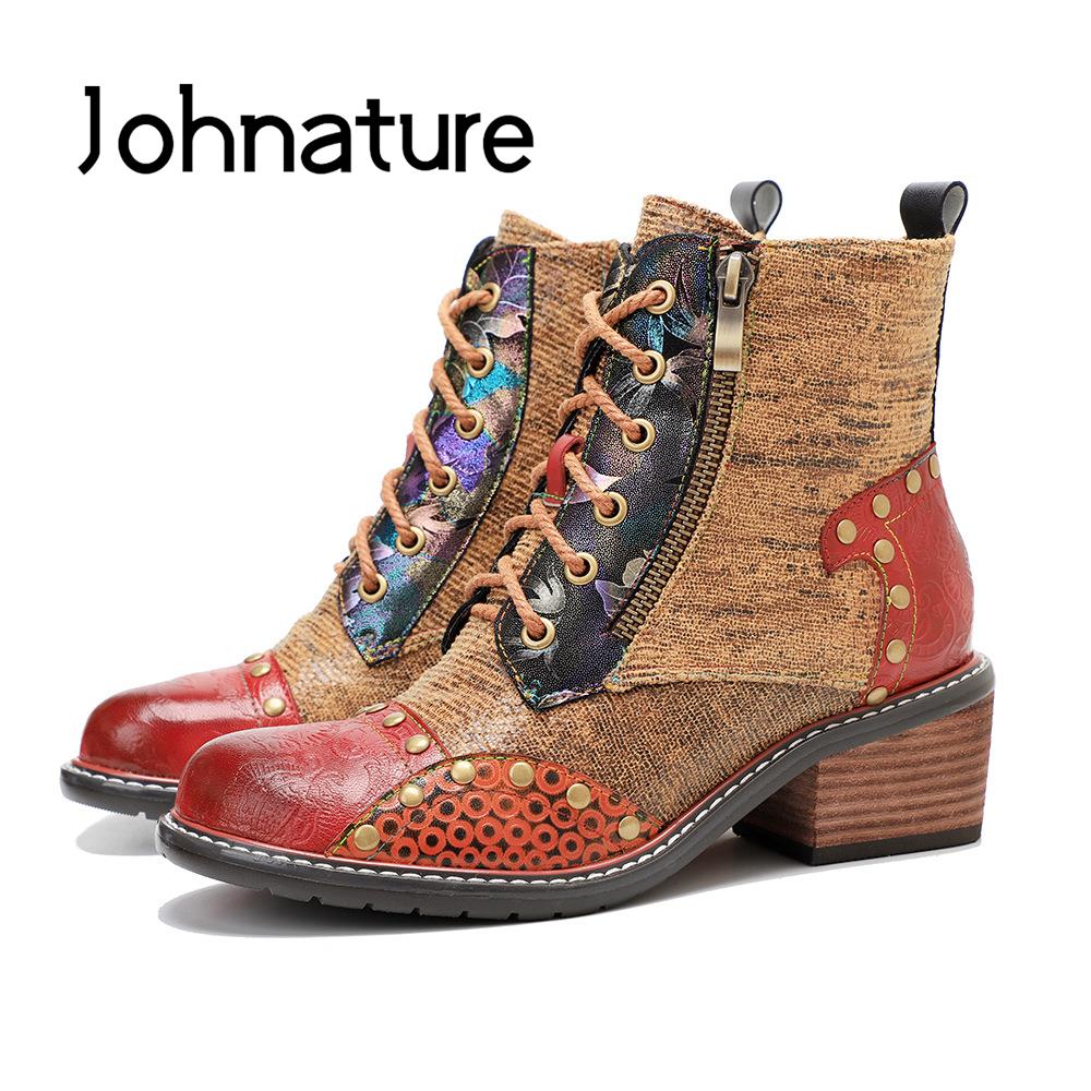 Johnature Echtes Leder Schuhe Damen Stiefel Runde Zehen Retro Handgemacht Reißverschluss Freizeit Nähen Prägnante Knöchel Plateaustiefel