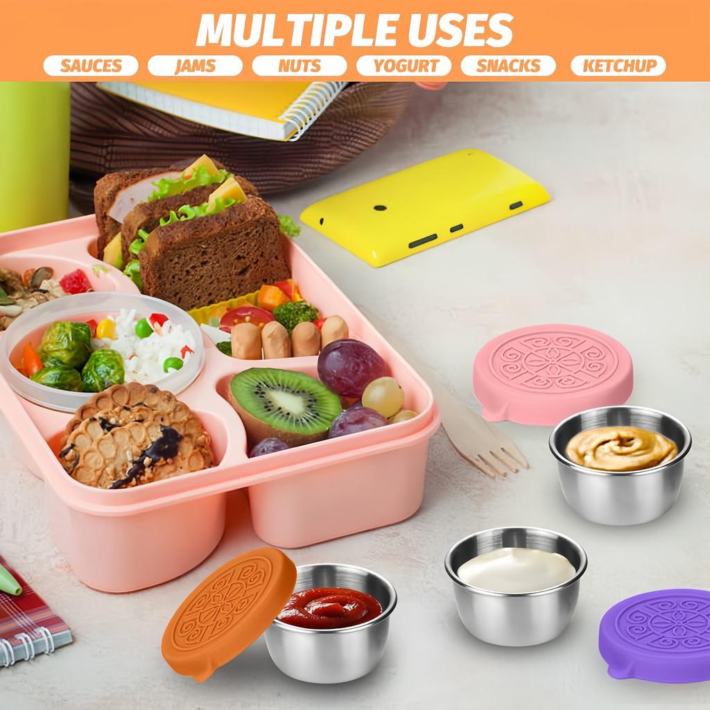 1pc Random Color Leakproof Stainless Steel Sauce Cups with Reusable Silicone Lids - Perfect for Salad Dressing, Bento Lunch Boxes, and Travel