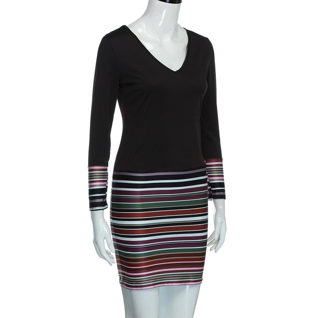 Ladies Womens Striped Patchwork V-neck Long Sleeve Dress Evening Party Dress